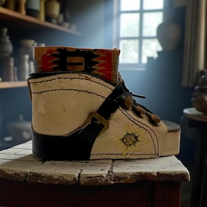 May include: A vintage white and black shoe with a wooden sole, featuring a buckle strap and a floral design. The shoe has a decorative wooden piece on top with a geometric pattern.