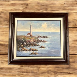 Lighthouse Painting-Oil on Canvas-Unsigned-Framed-32x28&#39;&#39;-Beach-Coastal-Nautical