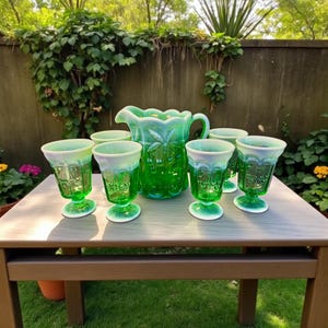 Mosser Green Opalescent Cherry Thumbprint Pitcher Set-7pc-Vintage Glassware
