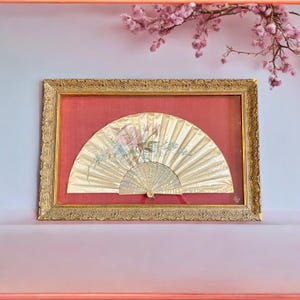 Antique French Hand Fan-Silk-Mother of Pearl-Hand Painted-Shadow box Frame-1800s