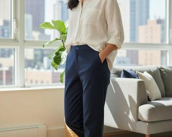ヴィンテージ ネイビー トラウザーズ レディース サイズ14 ハイウエスト プリーツ クラシック キャリアパンツ
