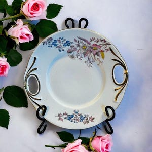 Antique Cake Plate-Porcelain-Hand Painted Flowers Gold Handles 10&#39;&#39; Blue Pink
