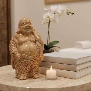 May include: A tan, speckled ceramic figurine of a smiling, rotund figure in traditional robes, holding a fan in one hand and a sack over the shoulder. The figure has a bald head, large ears, and a prominent belly, standing on a smooth surface.