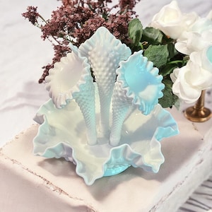 Fenton Milk Glass Hobnail Epergne-3 Horn-Flower Vase-Centerpiece-VTG Centerpiece