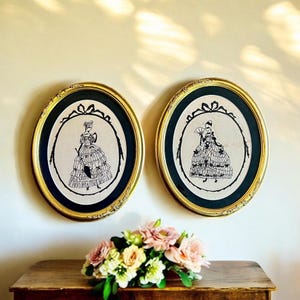 Needlepoint Silhouettes-Pair-Victorian Women&#39;s Fashion-Gilded Oval Framed-VTG
