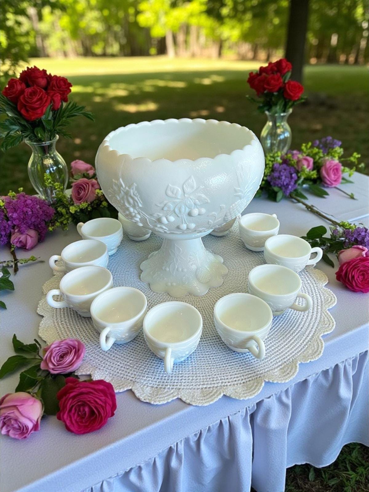 Westmoreland White Milk Glass Punch Bowl Set-12 Cups-vintage-fruit-wedding-grape  - Etsy