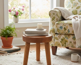 Sgabello da mungitura primitivo in legno di pino - Stile rustico da fattoria - Supporto per piante - Stile country - Stile cottage