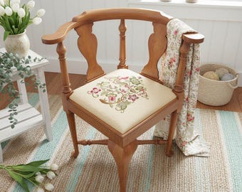 Virginia Craftsmen Corner Chair-Handstitched Crewel Seat-Colonial Style-Cottage