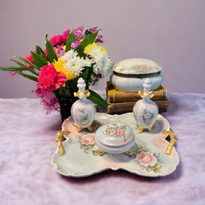 Hand Painted Porcelain Vanity Dresser Set-Perfume Bottles-Powder Jar-Jewelry Box