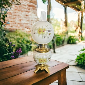 Gone With The Wind Lamp-Victorian-Antique Milk Glass Painted Flower & Brass