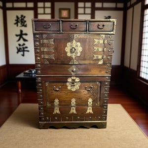 Vintage Korean Banjaji Blanket Chest-Brass Hardware-Storage Trunk-Wedding-Asian