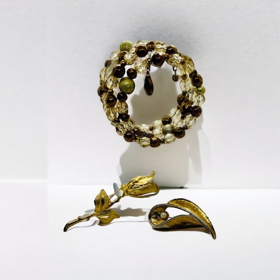 Boho Beaded Memory Wire Bracelet, Gold Tone Rose … - image 9