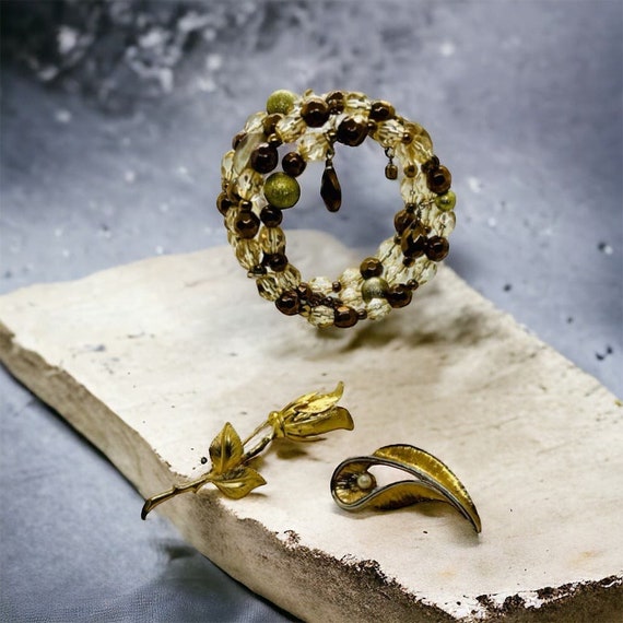 Boho Beaded Memory Wire Bracelet, Gold Tone Rose … - image 1