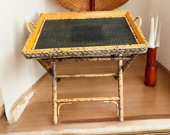 Vintage Tortoise Shell Burnt Bamboo Folding Table: Mid-century