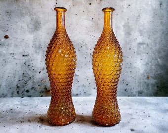 2 bouteilles Empoli vintage Genie ambrées, italiennes de 16 po. en verre géométrique du milieu du siècle