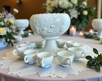 1-2433w-d 5 0z fruit punch cup milk glass vintage Vintage Milk Glass Party Punch Bowl Set, Floral Embossed, Wedding Decor main image 0