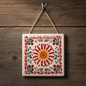 May include: Square ceramic wall art with a floral design. The artwork features a central yellow and red sunburst pattern, surrounded by red, green, and yellow floral motifs on a white background. It hangs from a string against a wooden backdrop.