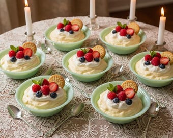 7 Fire King Jadeite Jane Ray Dessertkommen - Anchor Hocking - Vintage Set - Bessen - Melk