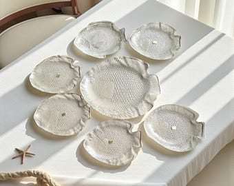 Arcoroc France Clear Glass Fish Plates & Platter-7pc-Coastal Nautical Seafood