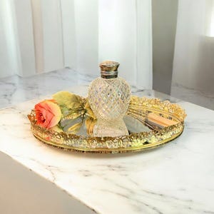 Vintage Gold Mirror Tray-Filigree Edge-Mid Century-Perfume-Dresser-Oval-Vanity