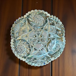 American Brilliant Cut Glass Bowl-7&#39;&#39; Hobstar Fan-ABP Crystal Dish-Antique-VTG