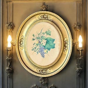 Antique Oval Gilded Frame w Floral Lithograph-Hand Colored-Art-Flower-VTG-1800s