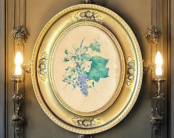 Antique Oval Gilded Frame w Floral Lithograph-Hand Colored-Art-Flower-VTG-1800s