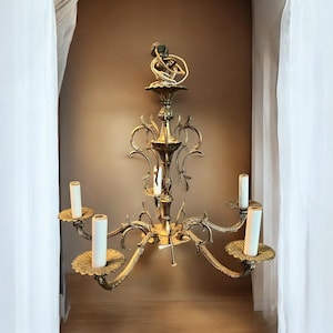 French Art Nouveau Antique Brass Chandelier- 5 Arm-Scrollwork-Ornate-Not Tested