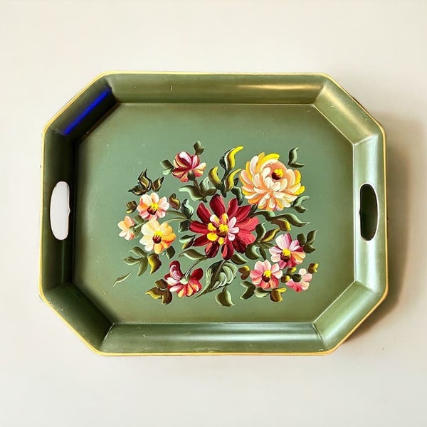 Nashco Hand Painted Tole Tray Toleware Flowers Green Metal Vintage Serving 1950s