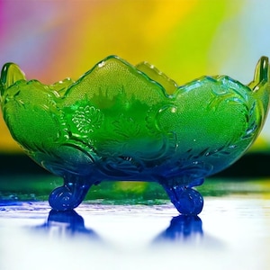 Footed Fruit Bowl-Jeannette-Whimsy Mermaid Colorful-VTG-Lombardi Blue Green