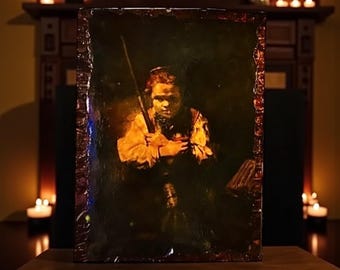 Panel artístico lacado de Rembrandt "La joven con la escoba": retrato vintage inquietante y melancólico