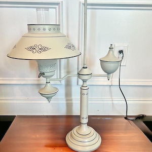 Toleware Lamp-Student Desk- Painted Black & White Metal Tole Table 2 Arm Vintage