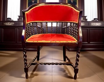 Antique 19th C Barrel Back Banker Chair-Red Velvet-Barley Twist Legs-Victorian