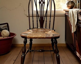 Antique 19thC Windsor Side Chair-Rush Seat-Primitive Farmhouse-Country-Colonial