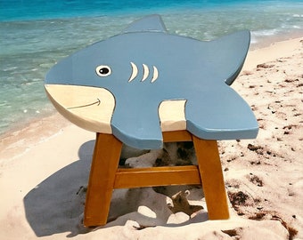 Kids Step Stool-Hand-Painted Shark Shape-Nautical/Beach/Ocean/Childrens