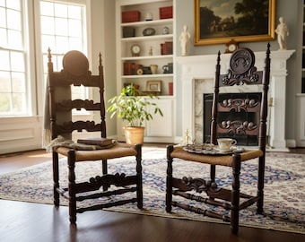 Pair Antique Victorian Carved Ladder Back Chairs-Rush Seat-Hall-19th C-Colonial