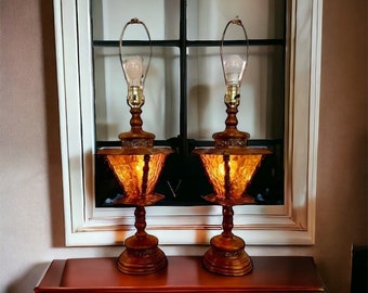 2 Wood & Amber Glass Street Post Lamps -Vintage Mid Century/ Retro-1960s-70s