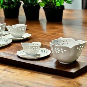 Japanese Rice Bowls-Tea Cups-Plates-17 Piece Set White Fine China Porcelain VTG
