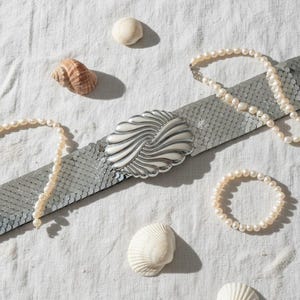 Vintage Silver Fish Scale Metal Mesh Belt-Shell Buckle-Coastal Glam-70-80s-Disco VTG Glam 70s 80s Gold Metal Mesh Fish Scale Belt Oval Buckle  main image 2