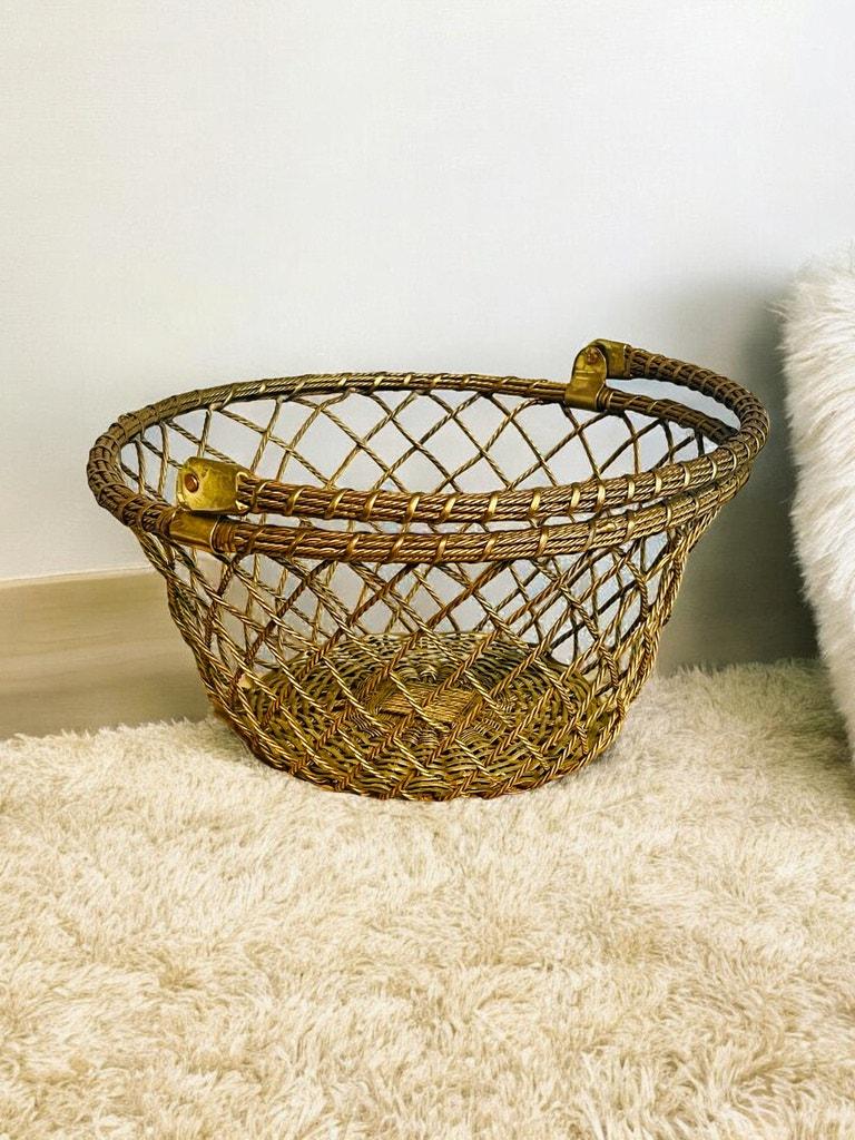 ビンテージ　メタルワイヤーバスケット　ミッドセンチュリー ヴィンテージ真鍮ワイヤーバスケット - 手編みメタル - ミッド