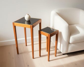 Vintage 1960s-70s Mid Century Modern Nesting Side Tables-Black Granite Tile Tops
