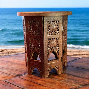 Indian Octagonal Table-Carved Rosewood-Inlaid-Folding-Tray-Plant Stand-Boho VTG