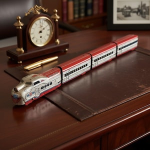 May include: A vintage-style tin toy train featuring a red and silver locomotive with three connected passenger cars. The train displays detailed windows, doors, and a front emblem with red, white, and blue stripes, showcasing a classic streamlined design.