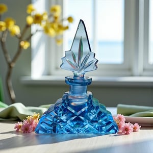 Sapphire Blue Czech Art Deco Perfume Bottle-Geometric Cut-Antique Crystal-Vanity