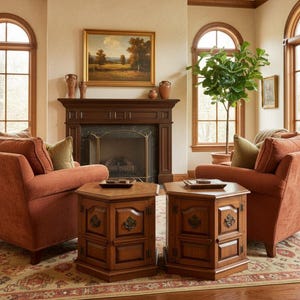 May include: A cozy living room scene featuring two rust-colored armchairs flanking two wooden side tables. A fireplace with a dark wood mantel and a landscape painting above it adds warmth. A patterned rug and arched windows complete the inviting space.