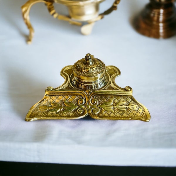 Brass Ornate Vintage Inkwell-Andrea by Sadek-Desk Decor-Victorian-Rococo Style