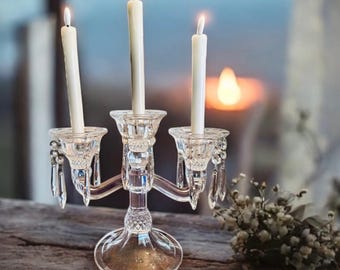 Candelabri di cristallo Shannon con prismi - Godinger - Coppia con scatole - 3 bracci - Candele - Matrimonio
