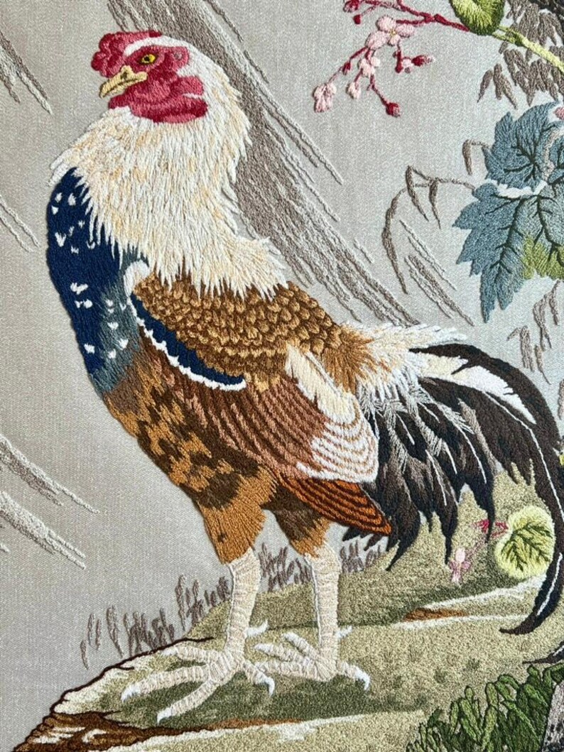 Vintage Bunka Embroidery Rooster Art-framed-japanese Punch Needlework ...