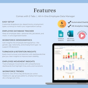 May include: A laptop screen displaying charts and graphs, with the word "Features" at the top. The image highlights an all-in-one employee data manager with features like easy setup, employee database tracking, and workforce demographics.