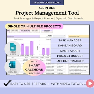 Pode incluir: Um modelo de ferramenta de gestão de projetos digital em roxo e branco para Google Sheets e Microsoft Excel. O modelo inclui um gerenciador de tarefas, um quadro Kanban, um gráfico de Gantt, um orçamento de projeto e um rastreador de reuniões. O modelo também inclui uma função de calendário inteligente. O texto na imagem diz "Projetos únicos ou múltiplos", "Gerenciador de tarefas", "Quadro Kanban", "Gráfico de Gantt", "Orçamento de projeto", "Rastreador de reuniões", "Com função de calendário inteligente", "Fácil de usar | 12 guias | Com tutorial em vídeo".